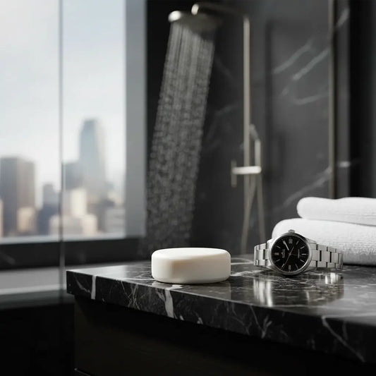 Still Water ivory bar on dark marble countertop beside a luxury watch — Blind Pirate Soap Company.