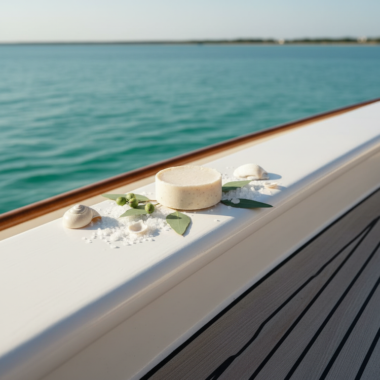Yacht Rail with beach rain shampoo bar at the ready for when swimmers take their fresh water shower.