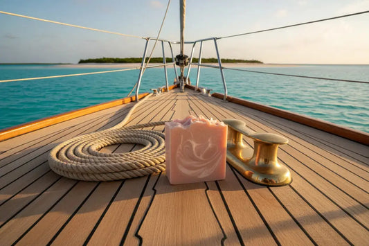A bar of Coconut Rose tallow soap resting on a warm teak deck beside a coiled rope and a brass cleat. Handmade by Blind Pirate Soap Co. in South Carolina. Background is AI generated.