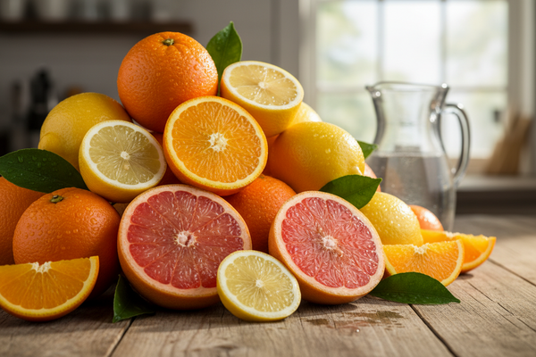 citrus fruit sits on a rustic wooden surface with slices open and ready to eat
