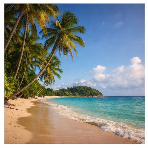 bright, sunny and warm coastal beach scene with tall palm trees and turquoise water