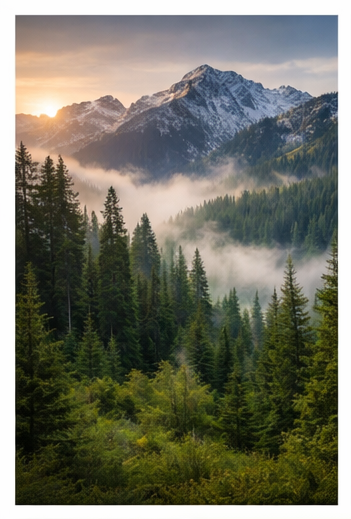 magestic forest scene of the sun peeking over the background mountains and a lush forest in the front 