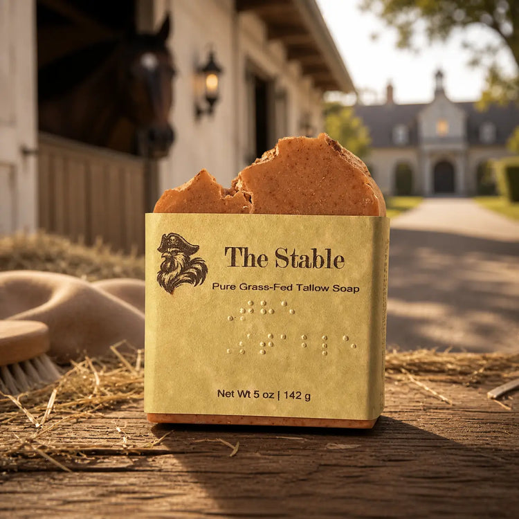 The Stable tallow soap bar on weathered wood, hay, horse in stable door, grand estate behind. Blind Pirate Soap Co.