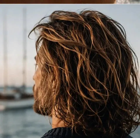 Close-up of thick wavy hair from behind, marina at dusk, Sailor's Mead Shampoo Bar by Blind Pirate Soap Co.
