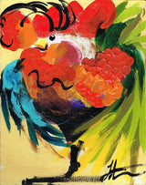 Colorful rooster mascot by Madison Latimer with orange, yellow, blue, green, and purple feathers - Blind Pirate Soap Co logo.