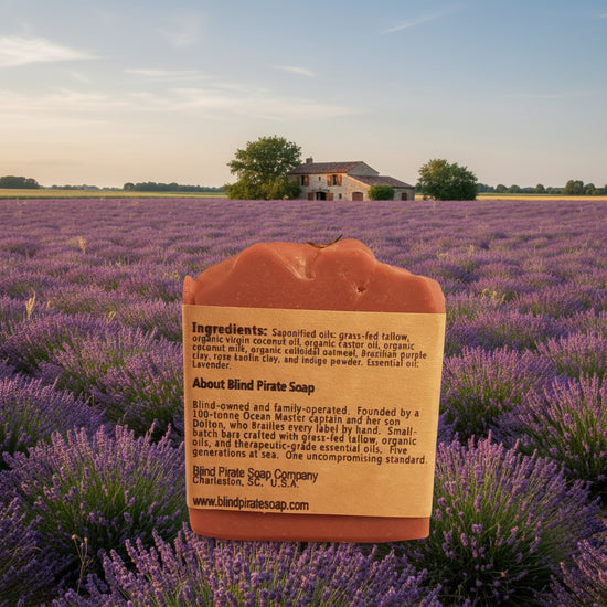 French Lavender Tallow Soap | Ingredients list on the back panel.  Blind Pirate Soap