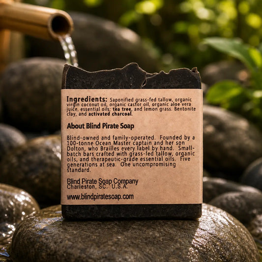 Black Flag back panel showing ingredients and braille label on volcanic rock with Zen foliage.