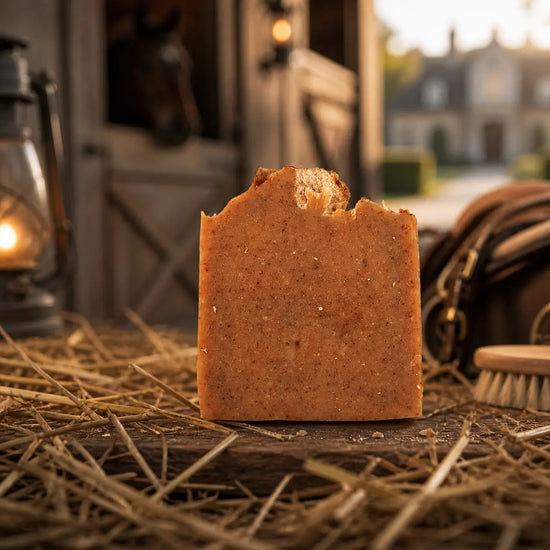 Unwrapped The Stable tallow bar, hay, glowing lantern, leather saddle, horse in stable door behind. Blind Pirate Soap Co.