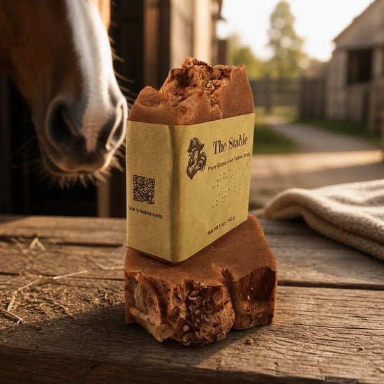 The Stable tallow soap bar, the warm muzzle of a horse nearby, warm golden estate stable yard light. Blind Pirate Soap Co.
