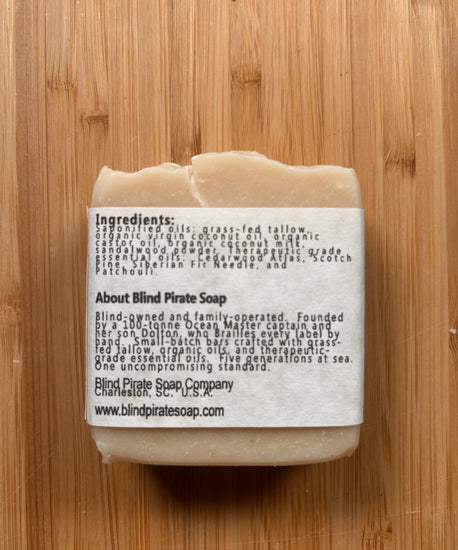 Back ingredients label — Blind Pirate tallow soap bar on bamboo, full ingredient list and clearly readable
