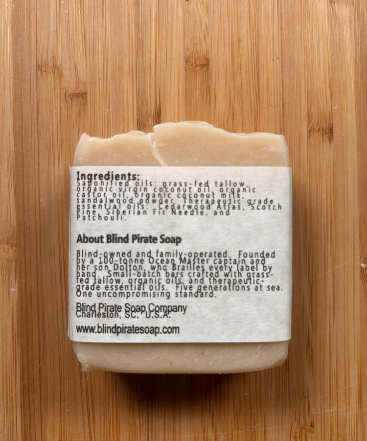 Back ingredients label — Blind Pirate tallow soap bar on bamboo, full ingredient list and clearly readable
