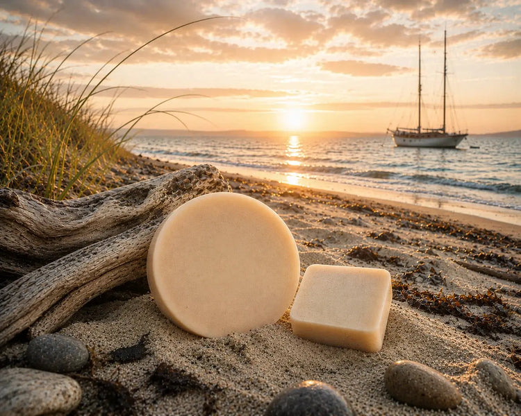 Full Measure + Passage both bars together Sailor's Mead Full Measure and Passage shampoo bars on beach at golden hour, driftwood and sailboat, Blind Pirate Soap Co.