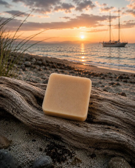 Passage bar on driftwood at sunset Sailor's Mead Passage shampoo bar on driftwood at sunset beach, Certified Grass-Fed Tallow, Blind Pirate Soap Co.