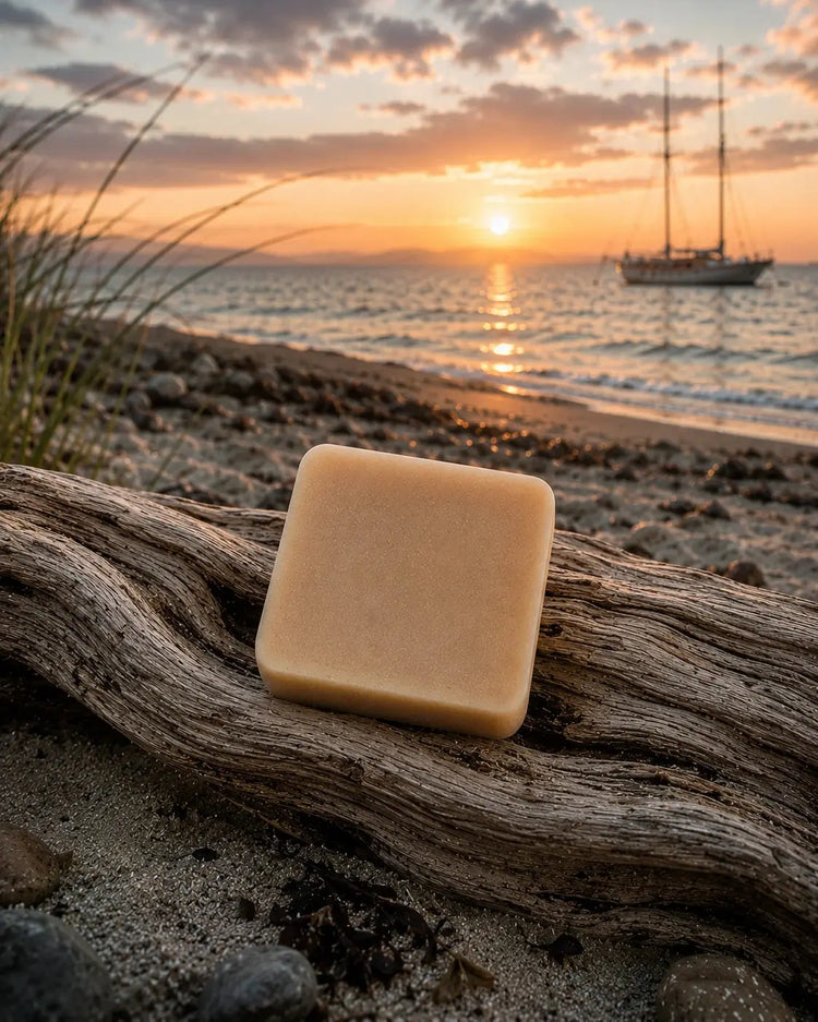 Passage bar on driftwood at sunset Sailor's Mead Passage shampoo bar on driftwood at sunset beach, Certified Grass-Fed Tallow, Blind Pirate Soap Co.