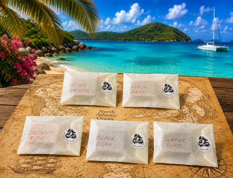 Stowaway Discovery Set | Stowaway Discovery Set soap bars displayed against tropical backdrop
Blind Pirate Soap Co.