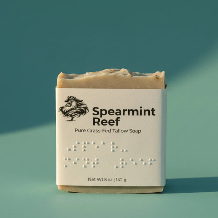 Spearmint Reef | Grass Fed Tallow Soap Bar Blind Pirate Soap Co. with full label and braille on the front of the label.