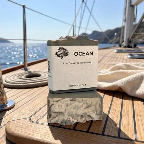 Ocean | Grass-Fed Tallow Soap Bar on the warm teak deck of a sailing yacht. Blind Pirate Soap Co.