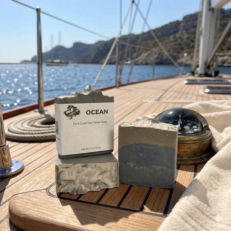 Ocean | Grass-Fed Tallow Soap Bar  in the Captains Bar showing the bar without a wrap label. Blind Pirate Soap Co.