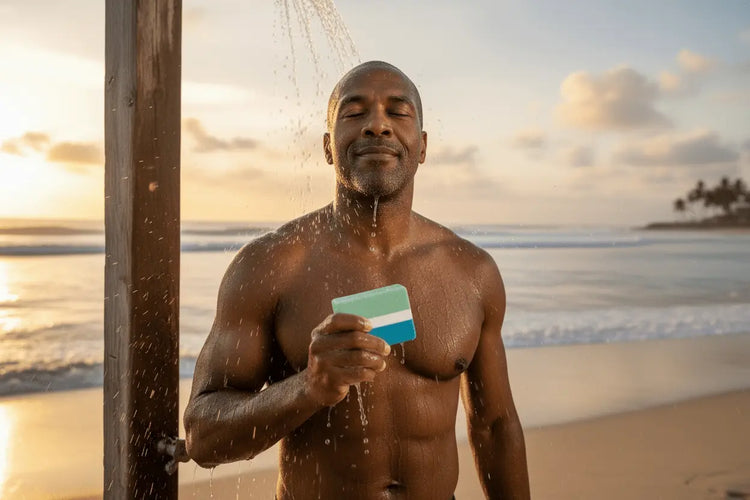 a middle aged fit dark skinned man is showering at the beach using surfer suds soap. it is early sunrise