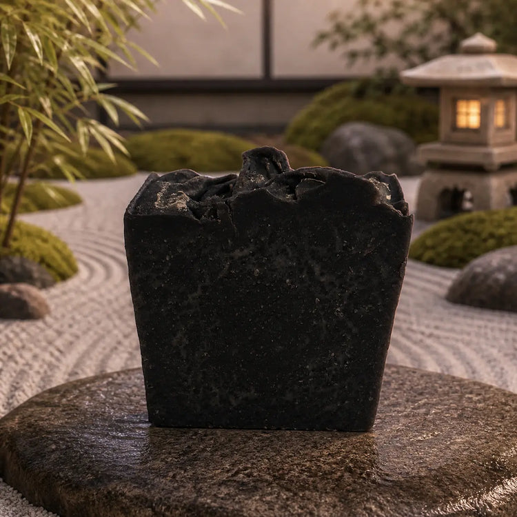 Unwrapped Black Flag charcoal tallow soap bar on a dark stone pedestal, deep black texture.