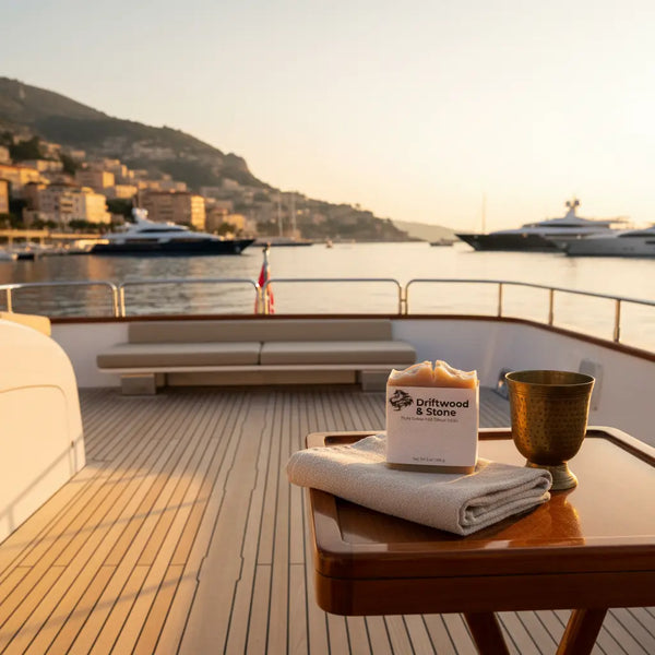 Aft Deck Teak Table — Mediterranean Arrival at sunset aboard the yacht.  Blind Pirate Soap.