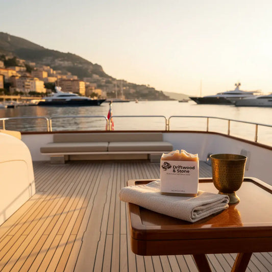 Aft Deck Teak Table — Mediterranean Arrival at sunset aboard the yacht.  Blind Pirate Soap.