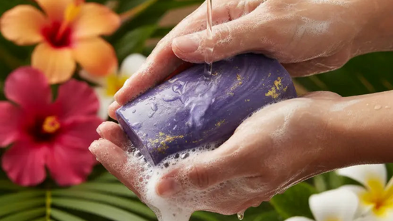 Luxurious lather from Alani Moani handcrafted purple soap bar with tropical Hawaiian palm leaves and island flowers