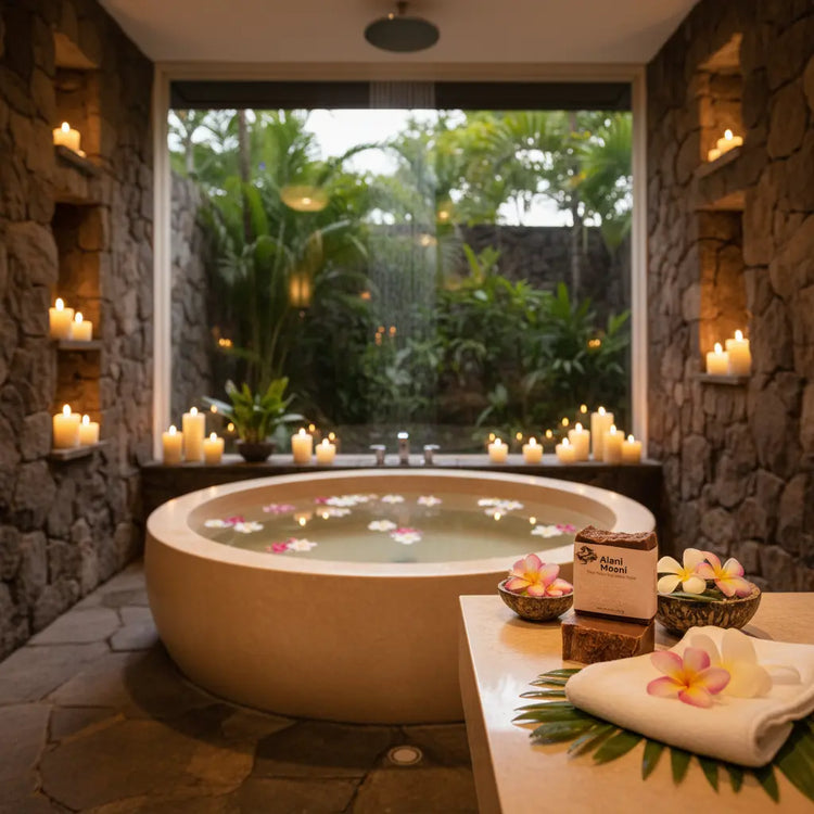 Alani Moani — Hawaiian Spa Villa fresh white towel beside a round tub filling in a candlelit bathroom, lush foliage all around.