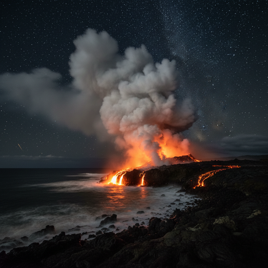 Lava into Ocean Volcanic peaks erupt fiercely into the Hawaiian night, smoke and fire billowing from black mountain summits
