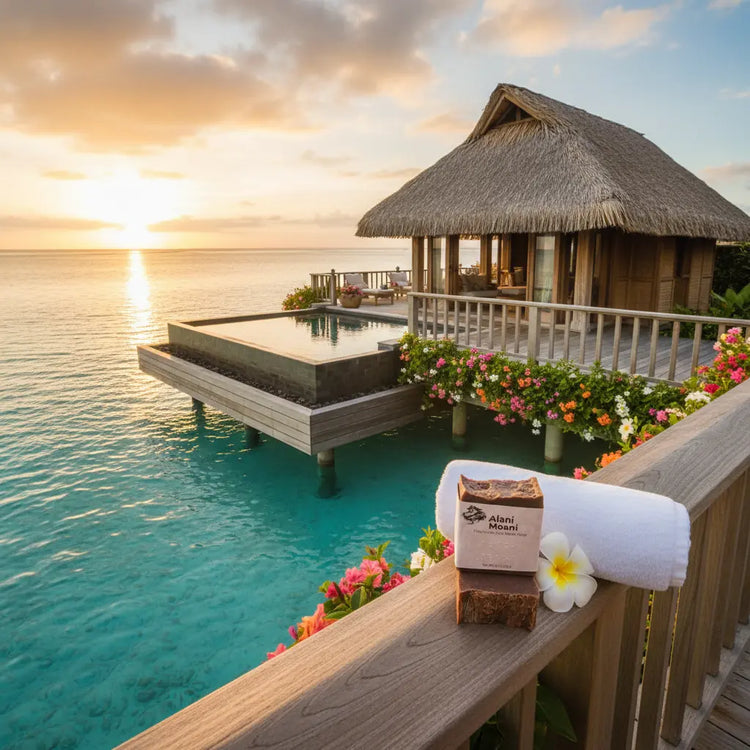 Alani Moani — Overwater Villa last golden sunlight warming the scene, turquoise waters glowing all around