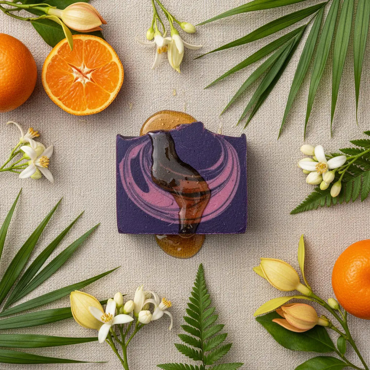 Overhead view of Alani Moani purple soap with tangerine, orange blossoms, ylang ylang flowers, and raw honey on natural linen