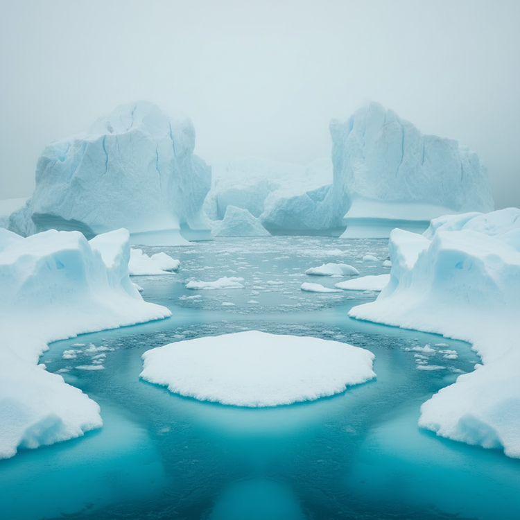 Glacial meltwater channels weaving silently back to the turquoise ocean, massive ancient icebergs towering over the carved polar landscape behind.