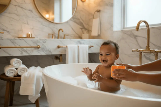 Orang Crush baby being bathed in a luxurious bathroom using soap