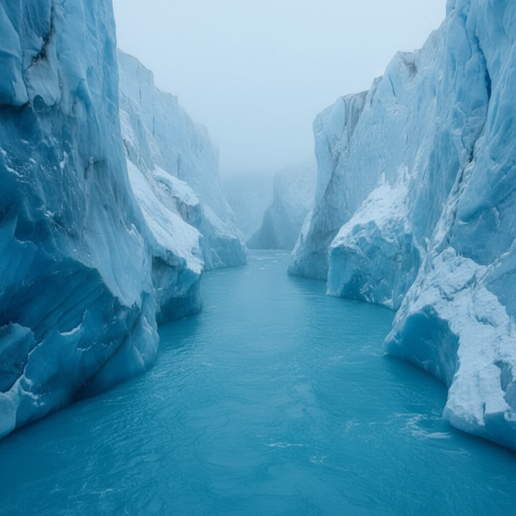 Arctic | A glacial river flowing silently through a massive ice canyon, ancient ice walls towering on either side, soft arctic mist drifting through the stillness.