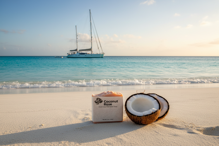 A pink tallow soap bar nestled in white sand beside a cracked coconut, a sailboat gliding across glittering turquoise water beyond.