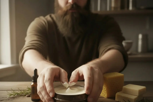 Man scooping ivory white tallow beard balm from open black jar on rustic wooden table with natural ingredients