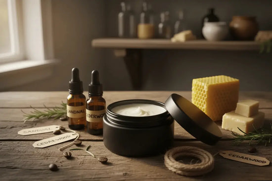 Black frosted glass jar of ivory white beard balm with beeswax, rosemary, and amber bottles on rustic wood.