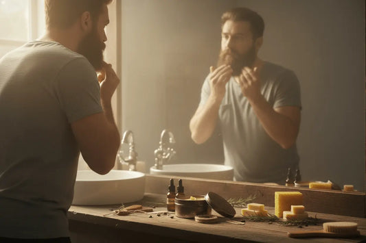 Beard Balm - Morning Grooming Bearded man applying beard balm in bathroom mirror during morning grooming routine