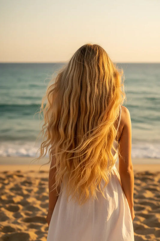 Blonde Beach babe, with long flowing healthy locks, looks out over the ocean from the beach.