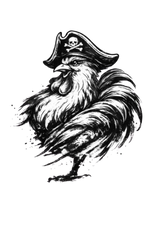 Black and white ink illustration of a rooster wearing a pirate hat with a skull and crossbones, shown on a plain white background.
