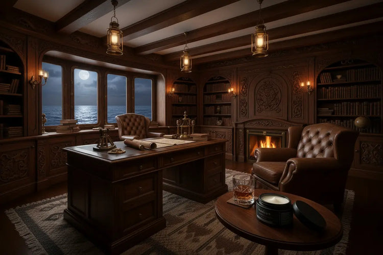 Black jar of ivory white beard balm on mahogany table in a tall ship captain's cabin with brass lanterns
