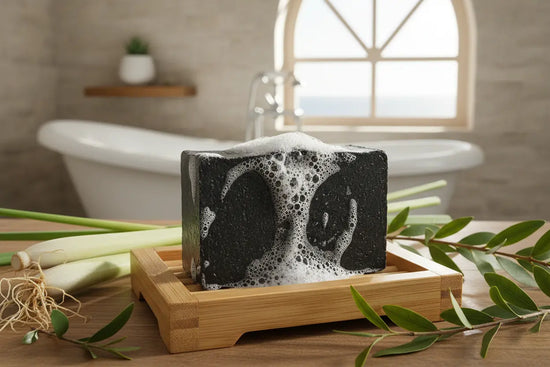 Charcoal soap with lather and lemongrass
