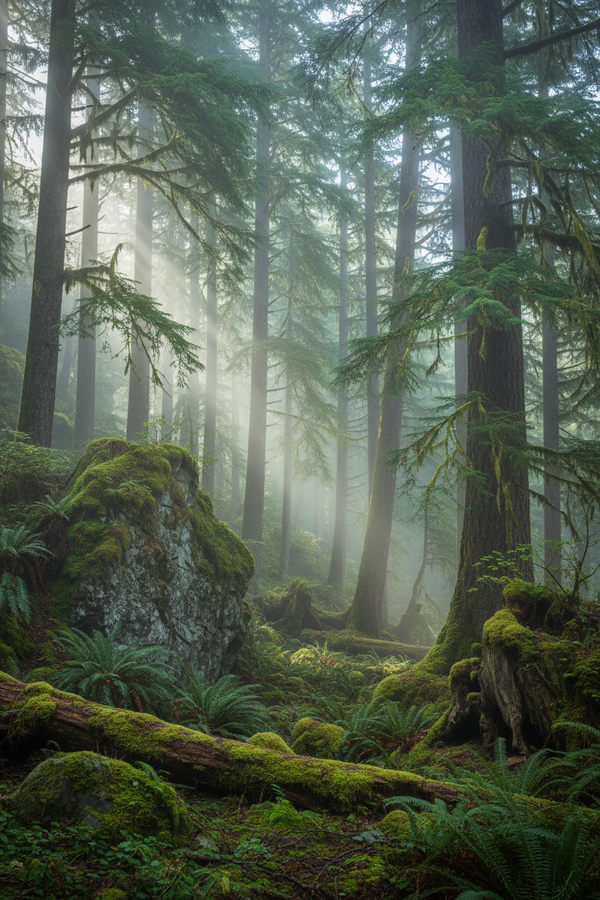 Coastal Forest Mist - Moody evergreen forest with coastal sea fog drifting through moss-covered trees.