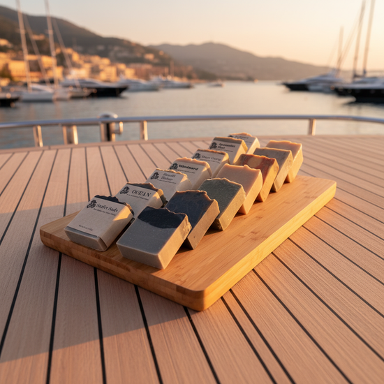 Blind Pirate Soap Co. coastal collection — seven bars, right-side view, teak deck, Mediterranean sunset behind.