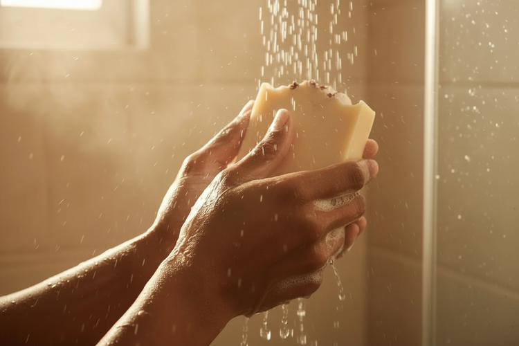 Coconut Rose - Exotic Blend Rustic coconut rose soap being lathered up in a shower by a pair of brown skinned hands.