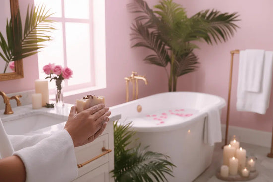 Coconut Rose - Luxury Bathroom Person using coconut rose soap in luxurious bathroom with tropical and romantic pink atmosphere