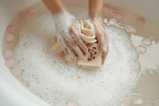 Coconut Rose - bath time with floating rose petals, a rich luxurious lather and hands lathering up a wash cloth