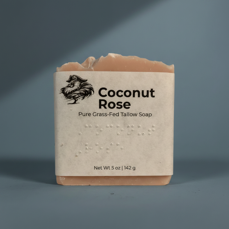 Coconut Rose — Blind Pirate Soap with full label and braille on the front of the label.