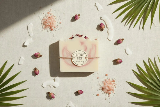 Coconut Rose - Tropical Floral Coconut rose soap surrounded by dried rose buds, coconut flakes and tropical palm leaves