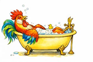 handmade grass-fed tallow soap made with organic ingredients and a colorful rooster with a rubber duckie in a bathtub.